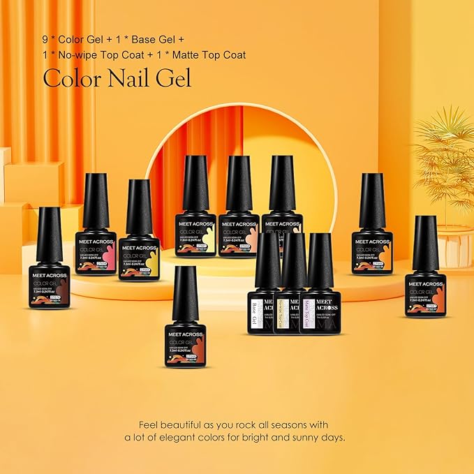 MEET ACROSS 9 Colors Gel Nail Polish + 3PCS Function Gel Nail Polish Kit,Fashion Nail Art Set Design Gifts for Women Manicure Salon (SET22, 12pcs)
