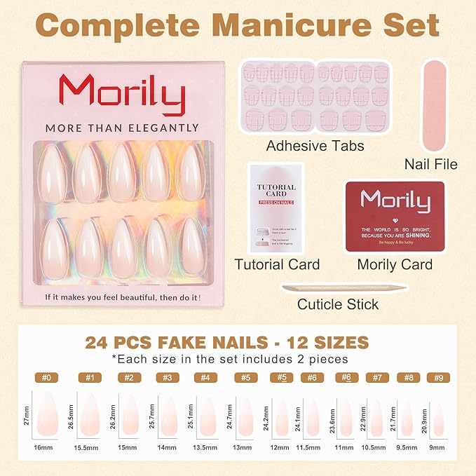 Morily 24pcs Fake Nails Matte Pure Color Medium Long Stiletto Almond Press on Nail False Tips Artificial Finger Manicure for Women (French Ombre)
