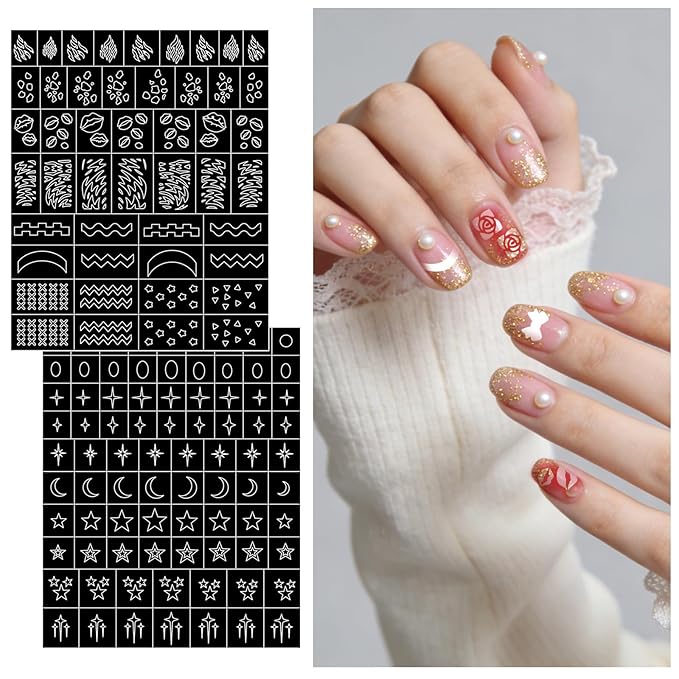 Nail Art Stencils Pens Set, 12 Nail Art Pens Markers + 14 Sheets Nail Stencils Heart Lips Flowers Nail Stickers for Women Girl, Nail Polish Pens for Nail Art Dotting Pen, DIY Nails Art Design Tools
