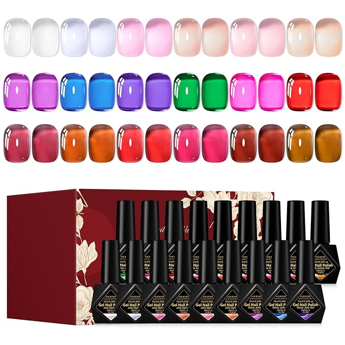 Jelly Gel Nail Polish Kit- 18 Trendy Bright Colors Sheer Pink Amber Soak Off UV/LED Lamp Curing, Chip Resistant & High Shine, DIY Home Manicure & Salon Use for Women & Teens