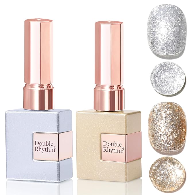 Double Rhythm 2 Pcs 0.50 OZ Glitter Gel Polish Hema Free Same Color Same Bottle Shimmer 15 ML UV Polish Art Salon DIY at Home (Gold Silver-B1117+B1125)