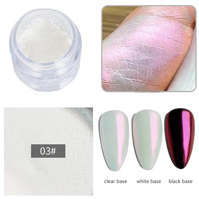3 Jars White Pearl Chrome Powder for Nails, Moonlight Mirror Effect Aurora Glitter White Shimmer Pigment for Art Design