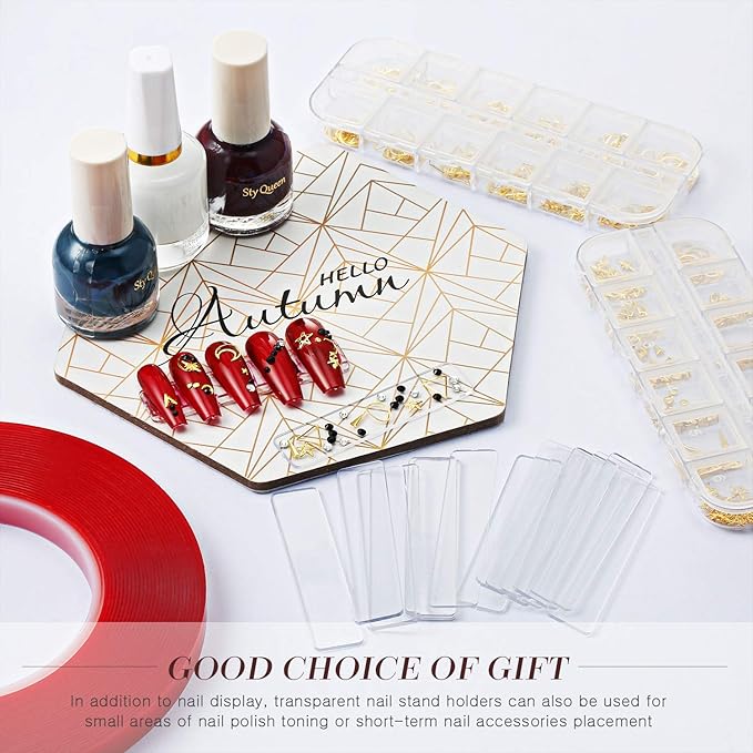 100 Pieces Nail Design Tips Display Stand Holder with 10 M Double Sided Tape Nail Design Practice Holder and Removable Mounting Tape for Home Wall office Decor