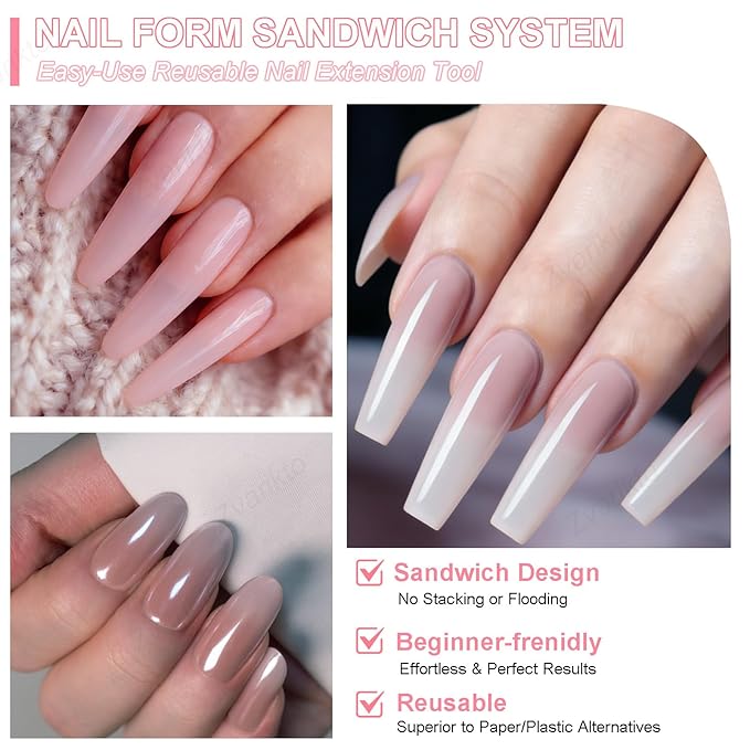 Sandwich Nails Dual Forms 180Pcs Long Coffin Shape, Nail Extension Forms with 15 Sizes, Reusable Plastic Nail Mold for Builder Gel & Poly Gel, No Paper Form Needed, Salon & Home DIY Nail Art