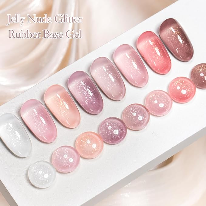 MEET ACROSS Rubber Gel Base Coat for Nails, 12Pcs Jelly Rubber Base Gel Polish for Nails Shiny Nude Sheer White Pink Long Lasting Protect Soak Off U V LED Builder Gel For Thin Weak Nails