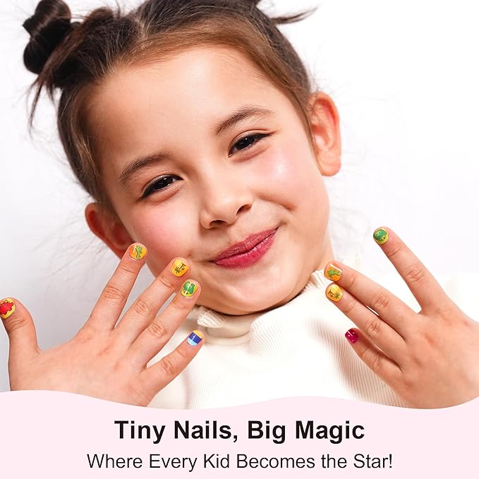 DANNI & TONI Kids Gel Nail Strips Dinosaur Beach Palm Tree Salon-Quality Peel & Stick Manicure for Children (Age 6+)– Safe, Long-Lasting, Easy to Apply | Dino Safari