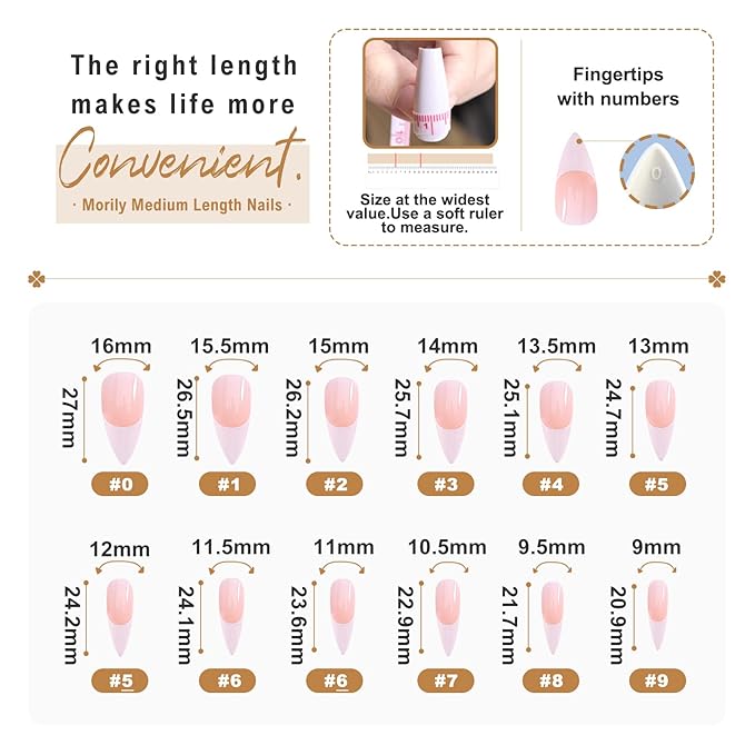 Morily 24pcs Fake Nails Pink White Glossy Medium Long Stiletto Almond Press on Nail False Tips Artificial Finger Manicure for Women (French)
