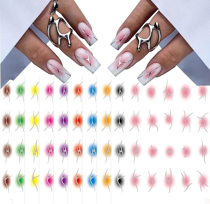 10 Sheets Silver Flame Nail Art Stickers, 3D Gradient Blusher Self-Adhesive Decals, Silver Line Heart Star Y2K Stickers for DIY Art Decoration - 10 Colors