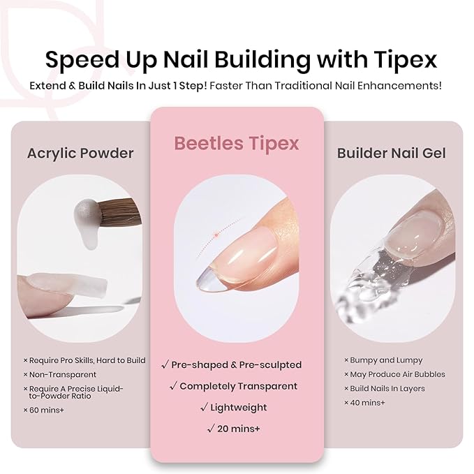 Beetles Tipex Instant Apex Nail Tips, Oval Short, 16 Sizes (00–14), 192pcs, Built-In Apex, No Builder Gel Required, Thicker Strong Acrylic Tips for DIY Nail Extensions