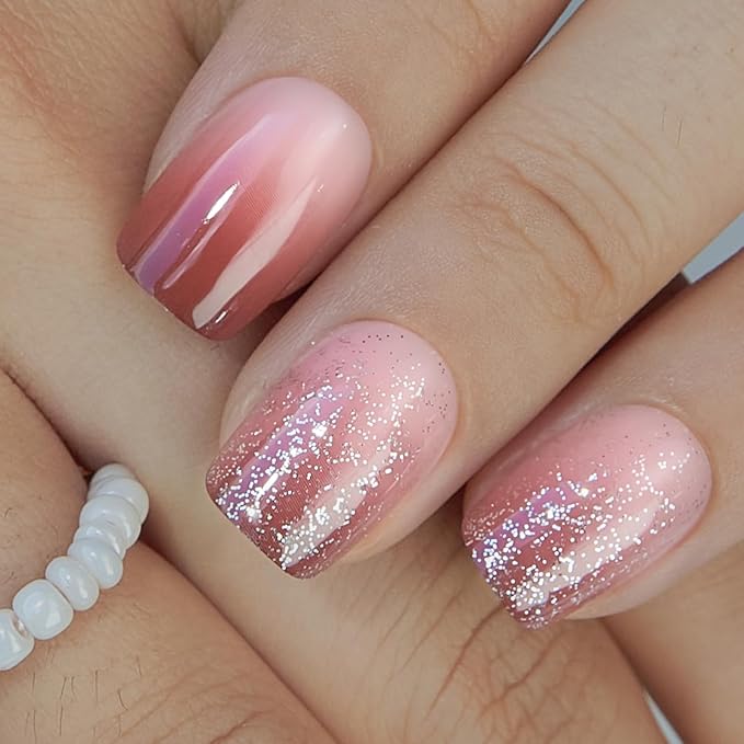 Curvlife Soft Gel Press on Nails Acrylic Short Square Fake Nails with Design Full Cover False Nails for Women Reusable Nail Kit (Misty Pink, 30pcs)