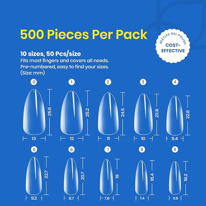 Beetles Gel Nail Tips Almond Medium Shape Nails, 500Pcs Pre Shaped Soft Nail Tips Clear Full Cover False Nails for Gel Nail Polish Soak Off Easy Nail Extensions Press on Nails