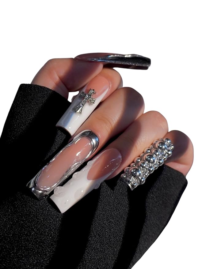 HAND-PAINTED White Press Ons Neon Small Press on Nails Long French Press on Nails Coffin Medium Short Nail art Fake Nail Art Kit with 7g Glue on Nails Handmade Almond Square Nails (TJ-11, Medium)