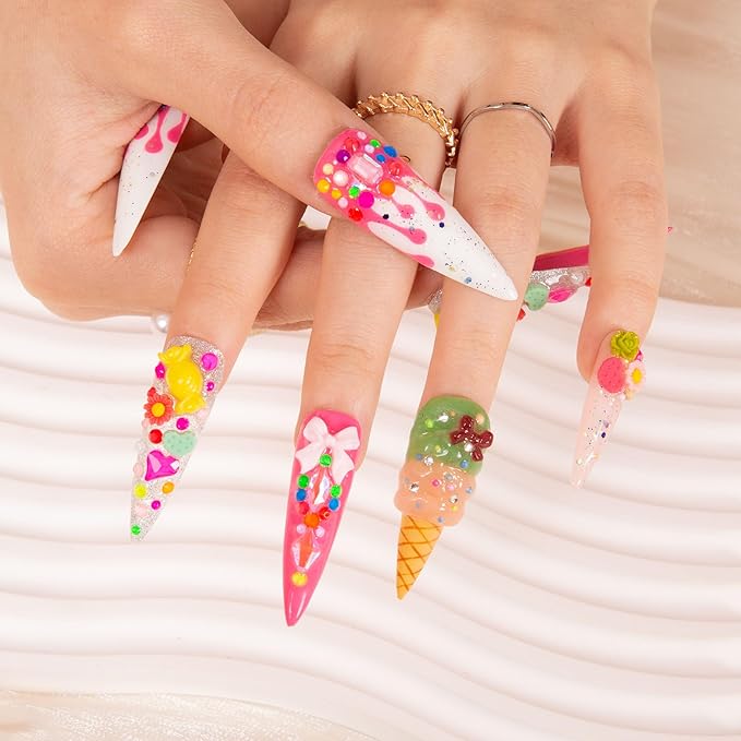 LOVFUL Press on Nails Dripping Sweetness | Handmade with Full Covered Crystals | Reusable Full Cover Nails | Stiletto Mid Length 1.7 in | H248-S