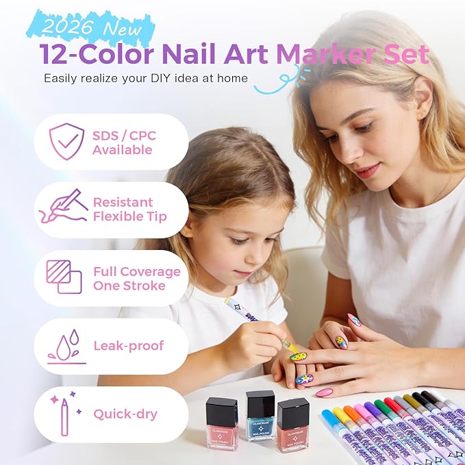 Nail Art Markers for Kids: 0.5MM Fine Tip Vibrant Nail Polish Pens Non Toxic Set for Painting Decorate Nails Graffiti Pens DIY Salon Design & Quick Dry Hours of Fun Girls Safe Manicure Gift