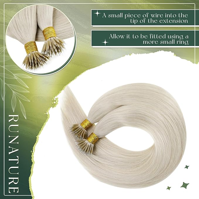 RUNATURE Blonde Nano Bead Hair Extensions Human Hair Straight Natural Ring Pre Bonded Link Extensions Remy Hair 14 Inch 50g 50s