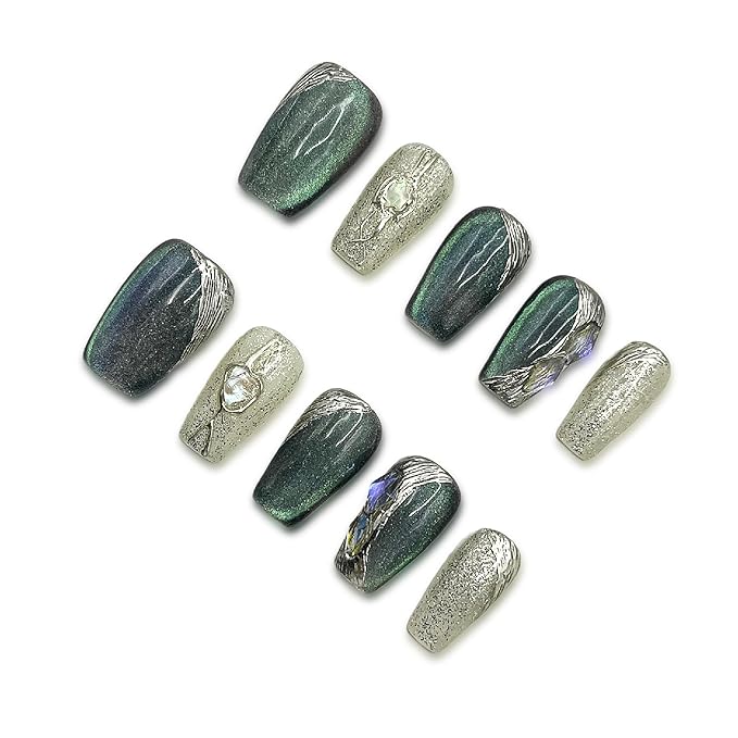 Handmade Press-On Nails Short Square, 10 Pcs Glossy Cat Eye Coffin Fake Nails with Rhinestone & Glitter Salon Design - Reusable Stick On False Nails for Women Gift (008, S)