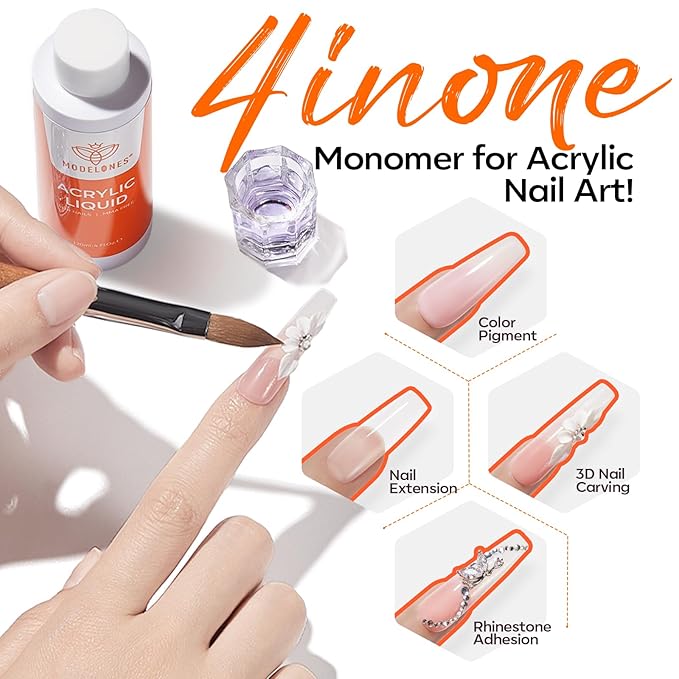 modelones Monomer 4 oz, Upgraded Monomer Acrylic Nail Liquid for Acrylic Powder Nail Extension 3D Carving, MMA-Free Non-Yellowing DIY Home Salon 120ml