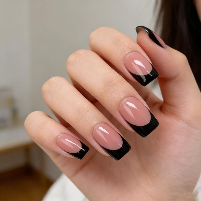 Handmade Press on Nails Black French Tip False Nails with Designs Solid Color Luxurious Thickened Short Square Fake Nail Full Cover Muti-Layer Gel Acrylic Nails Stick on Nail for Women（S)