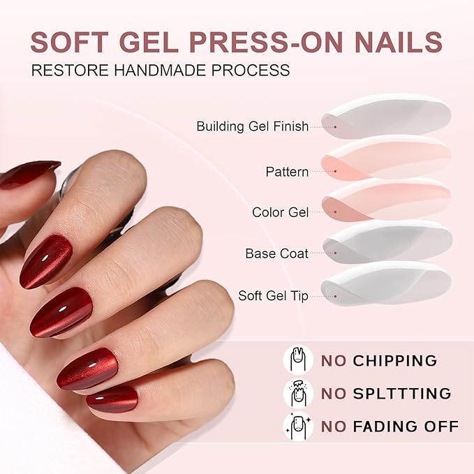 Red Magnet Cat Eyes Press on Nails Short Almond, Aurora Mirror Chrome Red Soft Gel Stick on Nails with Glue, 32pcs 16 Sizes Glossy Glitter Reusable Easy Salon Nail Manicure for Women Girls