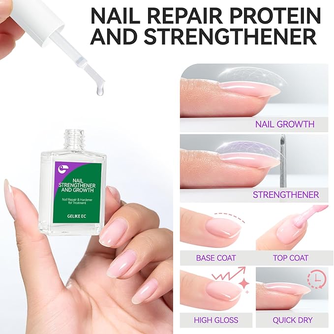 Nail Repair Strengthener for Home Care: Gelike EC 6 in 1 Natural Nail Protein Hardener Extra Strong and Growth - Long Lasting and Fast Dry Polish for Damaged Weak Splitting Break Treatment(Clear 15ml)
