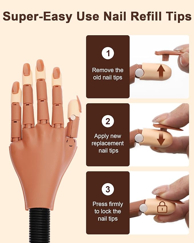 100PCS Replacement Nail Tips for Acrylic Nails Practice Hand, Brown Fake Nails with box for Nail Hand Practice