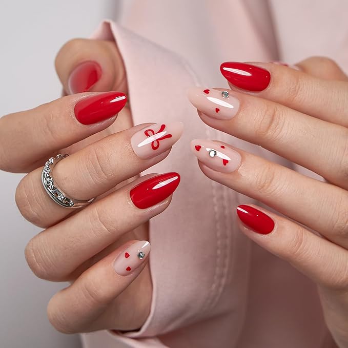 CurvLife Press On Nails Medium Almond Red Heart Bow, Glossy Soft Gel Fake Nails, Reusable Salon Look Manicure for Women Teens Beginners, 30pcs, Daily Wear Work Party