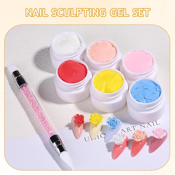 Colored Sculpting Gel for Nail Art, 6 Colors Nail Clay for 3D Art, Non-Sticky Hard Solid Builder Gel with Silicone Carving Pen, Nail Molding Kit for Home Manicure & Professional Salon