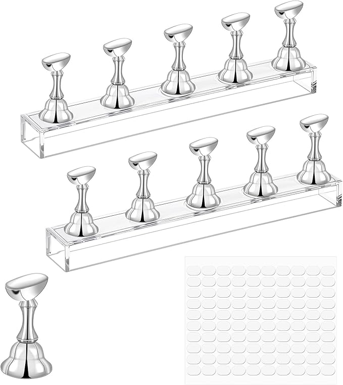 Nail Stands Acrylic Nail Art, 2 Set Magnetic Nail Tips Practice Holder Nail Crystal Holder for Nail Art with Reusable Adhesive Putty Nail Stand for Press On Nails DIY Painting(Silver)