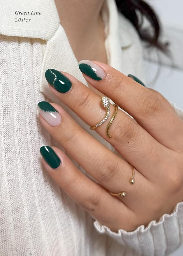Semi Cured Gel Nail Strips (Green Line), 20 Pcs Gel Nail Wraps, Stickers, UV Light Required, Salon Quality, Long Lasting