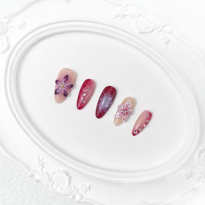 2025 Crimson Bloom Red Gradient Floral Press-On Nails Handmade PMMA Acrylic Reusable Tips with Box Gifts for Women (Crimson Bloom, M)