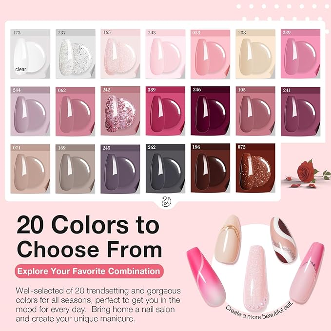 AZUREBEAUTY 31 Pcs Dip Powder Nail Kit Starter 20 Colors Clear Nude Pink Brown Glitter All Season Acrylic Dipping Powder Liquid Set with Top/Base Coat Activator for French Nail Art DIY Salon Gift