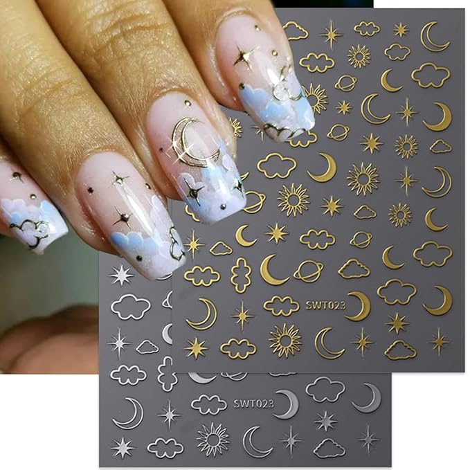 Metallic Moon Star Nail Stickers 8 Sheets Gold Silver Nail Art Stickers 3D Self-Adhesive Cloud Sun Star Nail Art Design Supplies Starlight Moon Charm Nail Decals for Women Acrylic Manicure Decoration