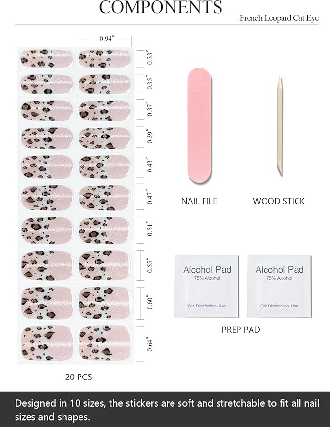 Semi Cured Gel Nail Strips (French Leopard Cat Eye), 20 Pcs Gel Nail Wraps, Stickers, Salon Quality, Works With Any UV Lamps