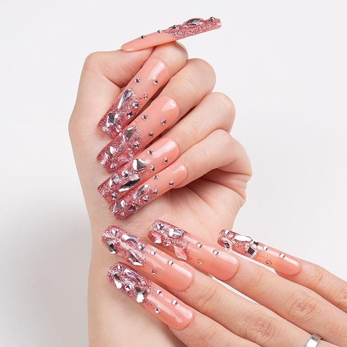 LOVFUL Press on Nails Pink Glitter| Handmade with Full Covered Crystals| Reusable Fake Nails| Square Mid length 1.7in| H60-S