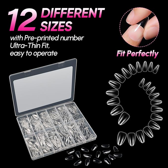 AIMEILI Medium Stiletto Nail Tips, 504pcs Half Cover Short Gel Nail Tips Clear Fake Nails for Nail Extension DIY Nail Salon, 12 Sizes