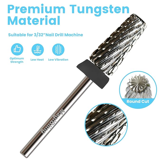 6.6mm Large Tapered Barrel 5-in-1 Nail Drill Bit, 3/32" Cross-Cut Tungsten Carbide Efile Bit for Fast Gel & Acrylic Removal, Two-Way Rotation, Professional Nail Tech & Beginner Bit, Extra Coarse.