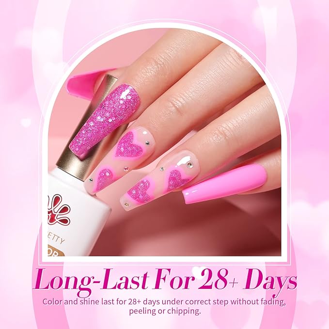 Born Pretty Neon Hot Pink Valentine's Day Gel Nail Polish,Natural Soft Light to Dark Glitter Sparkle Gel Polish Soak Off U v LED Nail Art Manicue Kit DIY at Home or Manicure Salon 6PCS