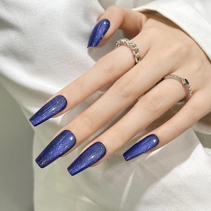 Dark Blue Cat Eyes Press On Nails,12 Sizes - 24 Pcs Soft Gel Blue Medium Coffin Fake Nails Kit with Nail Glue, Natural Reusable Stick On False Nails for Women and Girls SK0999