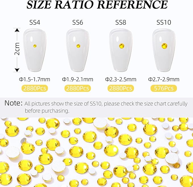Yellow Flatback Rhinestones, Glass Rhinestones for Nail Art and Craft, Glue Fix, Loose Crystal Gemstones(Yellow, SS4, 2880pcs, 1.5-1.7mm)