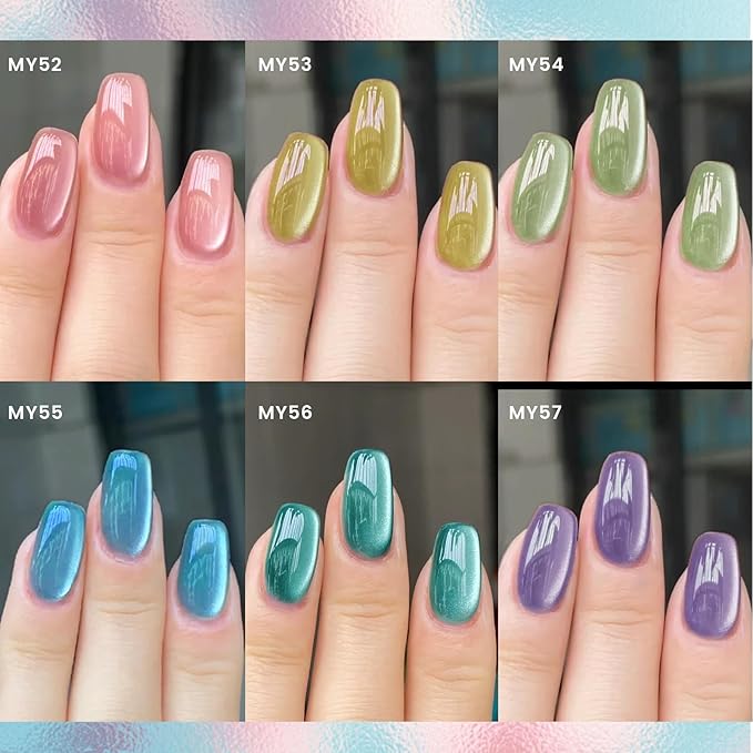 Born Pretty Magnetic Gel Nail Polish Pastel Water Light Cat Magnetic Eye Gel Jelly Glass Crystal Nail Polish Glitter Shimmer Auroras Magnetic Gel Nail Art Manicure Kit 6PCS