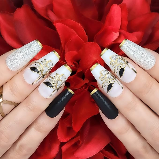 Hypnaughty 24 Pcs Black Flower Luxury Coffin Press on Nails with White Glitter and Flower Design and Gold French Tips with Glue Medium Long False Nails (Black Flower)