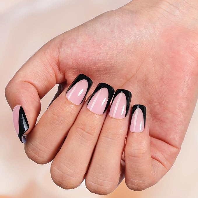 Vansiho Pink Deep French Gel Nail Tips, 150Pcs Short Square Soft Gel Nail Tips Black, French Tips Press on Nails, Fake Nails for Nail Art DIY 15 Sizes