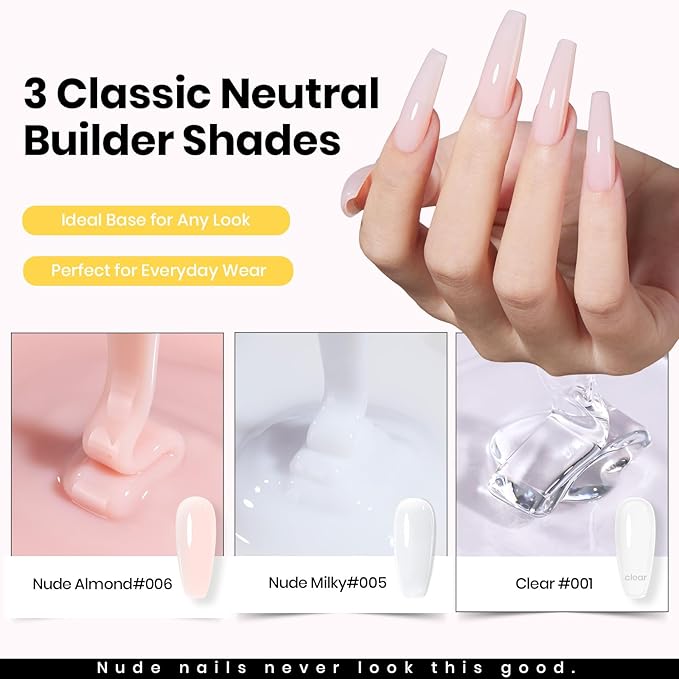 Beetles Hard Gel for Nails Kit Classic Neutral 3 Colors 9 in 1 Nail Extension Sculpting High Hardness for Salon Professionals Nude & Clear Builder Nail Gel UV & LED Cured