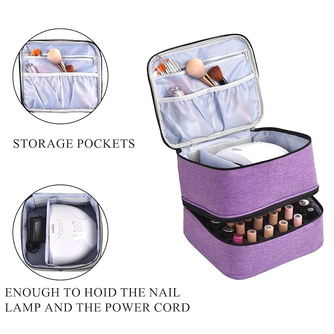 Upgraded Nail Polish Organizer Case - Holds 30 Bottles and 1 Nail Light, Double-layer Nail Bag Organzier Case Nail Polish Storage Bag with Handles (Style B-Purple)