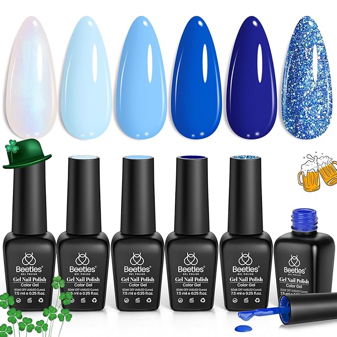 Beetles Blue Gel Nail Polish,6 Colors Baby Blue Glitter Aquarius Holy Water Collection Gel Polish Soak off Uv Led Lamp Nail Art Manicure Gifts for Women St Patrick Day