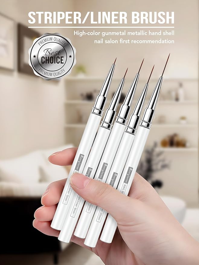 Nail Liner Brush, Fine Line Nail art Brushes 5/9/15/20/25mm Thin Line Nail Brushes Detail Drawing, Liner Brush for Nails Gel (White)