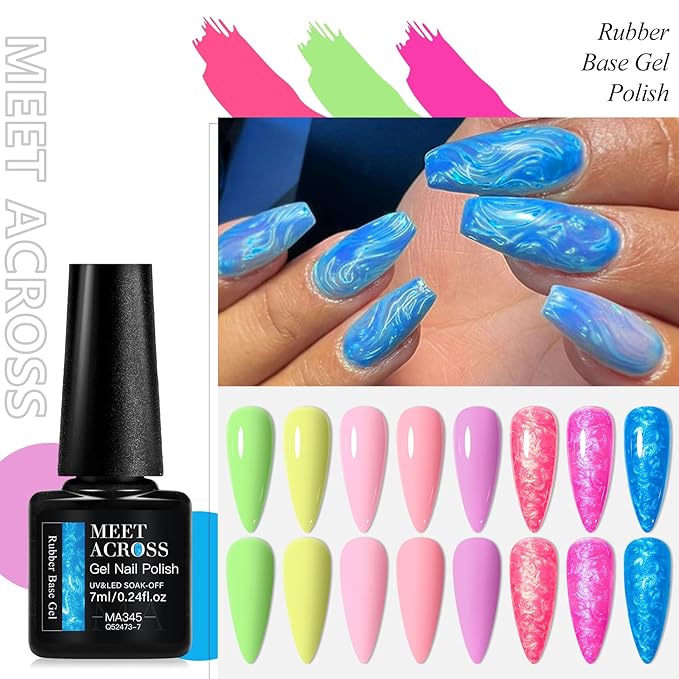 MEET ACROSS Builder Gel Nail Polish 12 Pcs Macaron Rubber Base Gel Polish 3 in 1 Pastel Pink Purple Green Strengthener Swirl Thread Effect Blue Red Soak Off U V Nail Art DIY