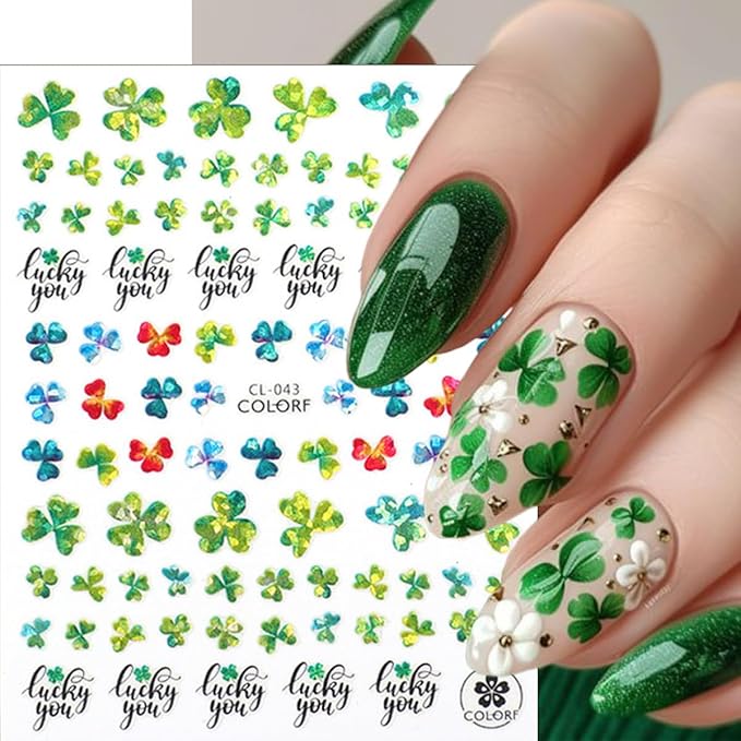 St. Patrick's Day Nail Stickers for Nail Art 3D Spring Shamrock Nail Art Stickers Self Adhesive Holographic Four Leaf Clover Nail Decals Irish St. Patrick's Day Design Stickers Supplies for Women 8Pcs