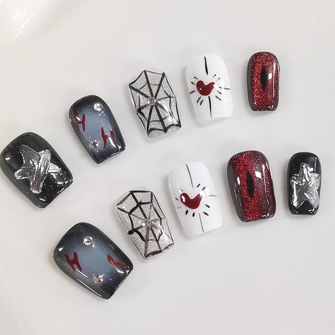 Halloween Press on Nails Short Square Handmade Acrylic Nails 3D Thick Cats Eyes Fake Nails with Rhinestones Spider Web Stars Designs Sparkly Black&Red Sturdy Art False Press on Nail 10Pcs(S)