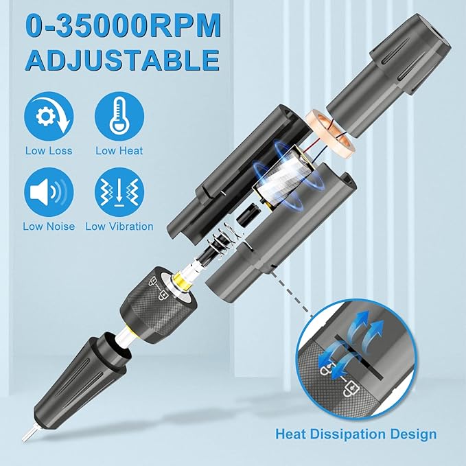 ENGERWALL Upgraded Professional Nail Drill 35000RPM, 20H Long Battery Life Rechargeable Electric Nail File for Acrylic Gel Nails, Cordless E-File Kit with 7 Bits & 56 Sanding Bands, Dark Silver (Pro)